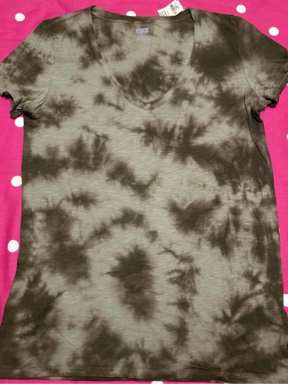 PINK Victoria's Secret Olive Green Tie-Dye V-Neck Tee